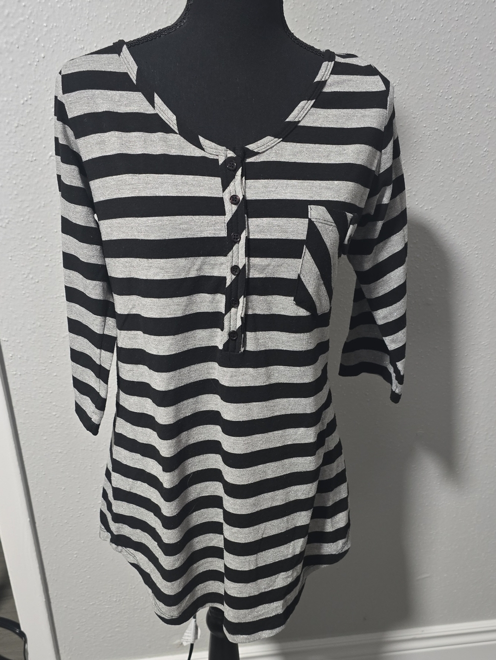 Celine Black and White Striped Henley Pocket Long Sleeve Top